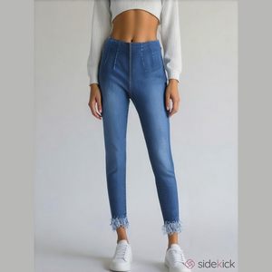 Free People High Rise Skinny Pull On Jeans Blue Frayed Fringe Hem W26 OB752024